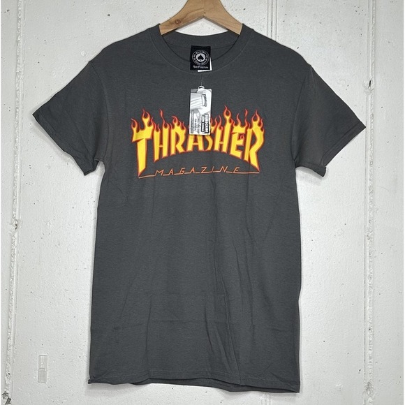 Thrasher Magazine T-Shirt Mens S Gray Flames Skateboarding Casual Crew Neck NEW - Picture 1 of 4